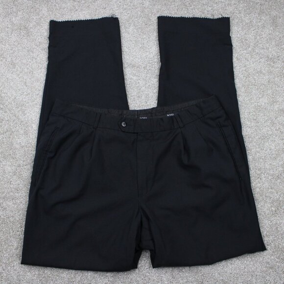 BOSS Hugo Boss Prost Dress Pants Mens 38x34 Black Virgin Wool Pleated Unhemmed - Picture 1 of 13